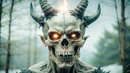 A Demonic Skull with Fiery Eyes and Horns