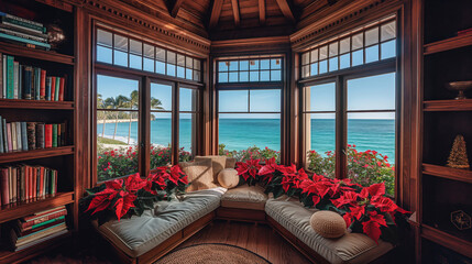 Wall Mural - Christmas bookshelf background of interior home library study virtual room window view of tropical ocean beach. Aqua blue water. Poinsettia holiday flowers. Online presentation teams meeting backdrop