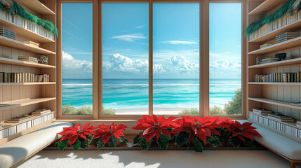 Wall Mural - Christmas bookshelf background home library study virtual room window of tropical ocean beach. Aqua blue water. Festive Poinsettia holiday flowers. Online webinar presentation teams meeting backdrop