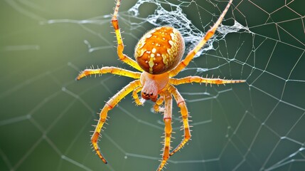A vibrant spider with orange and white markings sits on its intricate web, a testament to the beauty and complexity of nature. The web's delicate threads create a mesmerizing pattern, showcasing the s