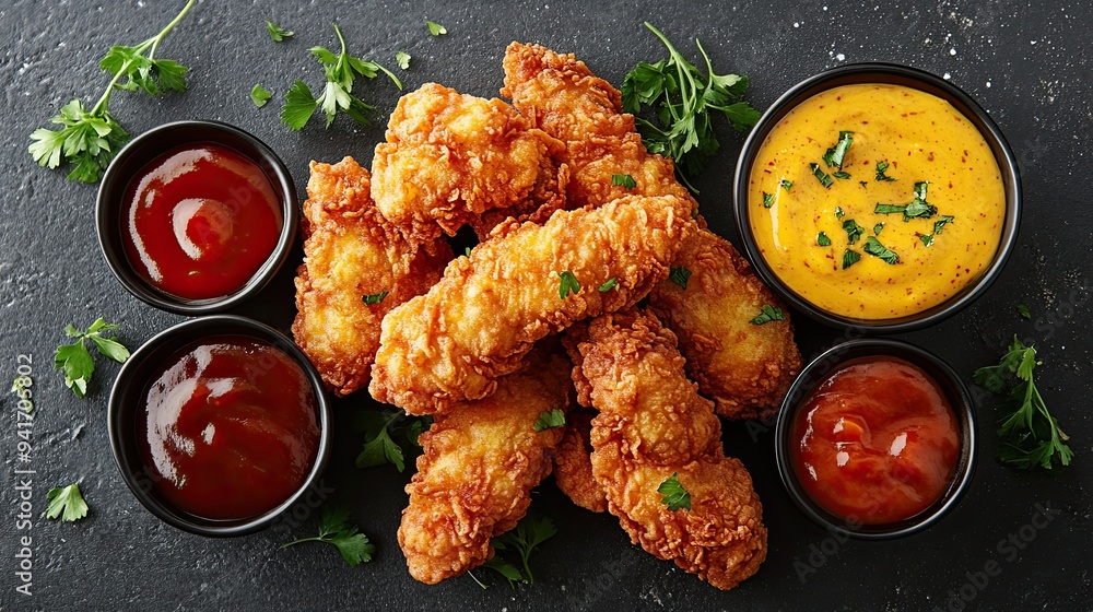 Crispy fried chicken tenders, served with a variety of dipping sauces ...