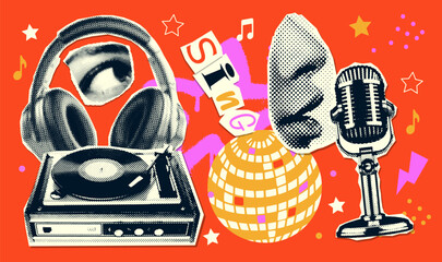 Retro groovy music collage elements set with mouth singing to microphone in halftone paper style, eye, retro mike and record player. Vintage vector stickers collection.