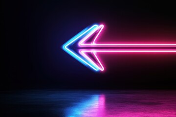 Aufkleber - Vibrant neon arrow pointing left on a dark background, illuminating the sleek, reflective surface below with red and blue hues.