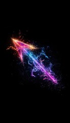 Poster - Vibrant neon arrow pointing up with abstract light trails on a dark background, symbolizing progress, direction, and technology.