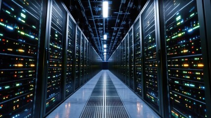 Fototapete - A futuristic data center with rows of server racks, illuminated by LED lights, showcasing advanced technology and high-performance computing.