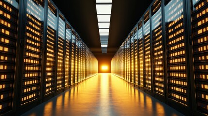 Fototapete - A modern data center with rows of server racks and a bright light at the end of the corridor, symbolizing technology and security.