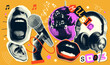© LanaSham - Trendy set of halftone paper stickers torn from newspapers on the theme of singing in a karaoke club, retro party. Headphones, singing mouth, hand with mike, disco ball. Vector illustration.