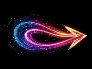 Poster - Colorful neon arrow with glowing light trails on a black background, symbolizing direction, movement, and digital speed.
