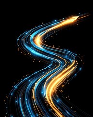 Fototapete - Dynamic abstract light trails in blue and gold against a black background, creating a sense of motion and technology.