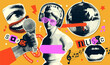 © LanaSham - Set of Collage trendy halftone elements, 90s music, retro nostalgia. trendy Y2K elements with antique statue singing in mike. Paper torn out stickers. Vector illustration.