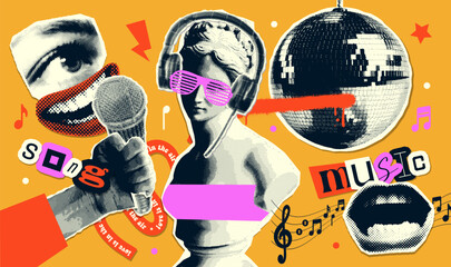 Set of Collage trendy halftone elements, 90s music, retro nostalgia. trendy Y2K elements with antique statue singing in mike. Paper torn out stickers. Vector illustration.