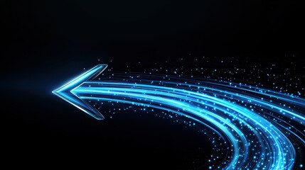 Aufkleber - Glowing blue arrow with dynamic light trails curving to the left on a dark background, representing direction and movement.
