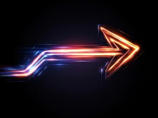 Poster - Glowing neon arrow on dark background, symbolizing direction and movement, vibrant colors and dynamic light effects, futuristic design.