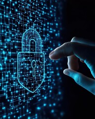 Poster - Human hand interacting with digital lock icon on virtual screen representing cybersecurity, data protection, and digital security.