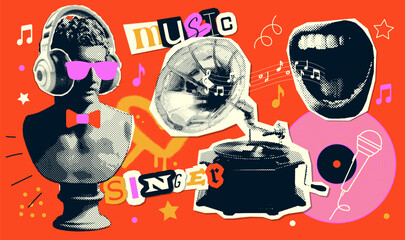 Pop art halftone collage with antique statue in headphones, retro gramophone and vintage singer paper elements. Club party poster, magazine. 80s, 90s Psychedelic, surreal art. Vector stickers set