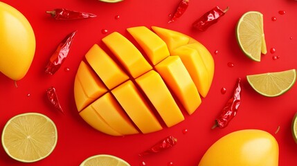 Tropical mango slices, artfully displayed with chili lime, vibrant and flavorful, 3D illustration