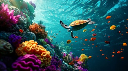 vibrant coral reefs, tropical fish, sea turtles, and manta rays, photorealistic underwater paradise,