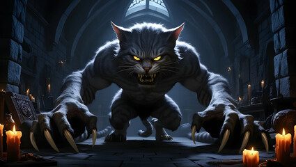 a cat monster with big paws and candles in the background