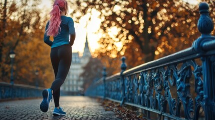 Wall Mural - Woman jogging in a park during autumn with vibrant leaves