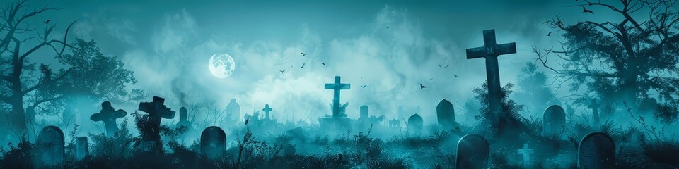 Wall Mural - The moon is shining on a haunted graveyard. Scary cemetery landscape with graves and Jack O'Lantern pumpkins at night. Halloween background wallpaper concept. 