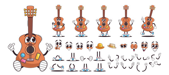 Wall Mural - Cute Guitar Retro Cartoon Character Showcased In Different Poses And Facial Expressions, Including Accessory Options