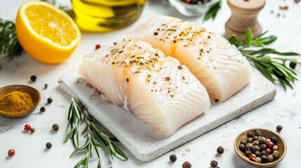 Pieces of cod fillet on marble cutting board with spices and lemon in kitchen during daylight