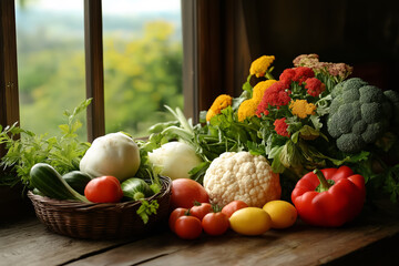 Sticker - A cozy autumn kitchen with a colorful array of freshly harvested vegetables, symbolizing home-cooked abundance 