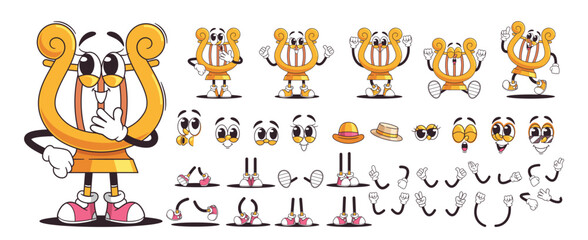 Wall Mural - Colorful Cartoon Character Representing A Lyre Musical Instrument With Multiple Facial Expressions, Hand Gestures