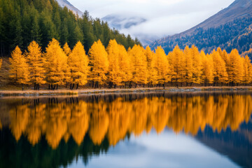 Wall Mural - A serene lake reflecting golden autumn trees, encapsulating the tranquil beauty of harvest season 