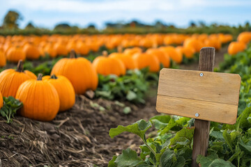 a vibrant pumpkin patch with a rustic wooden sign, celebrating the festive spirit of harvest season