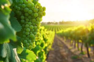 Wall Mural - A sunlit vineyard during harvest season with lush green vine and ripe grapes, evoking rustic charm 