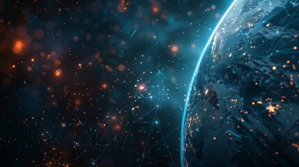 A digital representation of Earth from space is displayed, surrounded by a network of data points and connections, illustrating global technology, connectivity, and digital communication