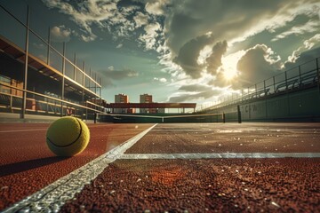 Wall Mural - A tennis ball sits on a tennis court, ready for play