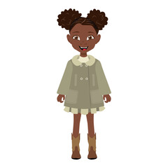 Wall Mural - Flat Vector Illustration of Cute African American Kid Girl Wearing a Coat and Boots, Cartoon Character Set For Animation, Various Views, Poses and Gestures. Item 5