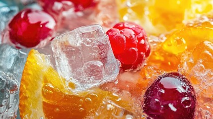 A close-up of a refreshing drink with a mix of ice cubes and fresh fruit slices, emphasizing the clear ice and vibrant fruit colors.