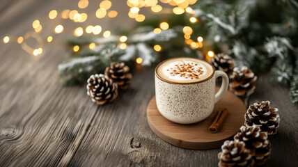 Cozy spiced chai latte topped with foam and cinnamon dusting, rustic cup set on a wooden table with a wintery backdrop of snow-covered pinecones and twinkling lights 