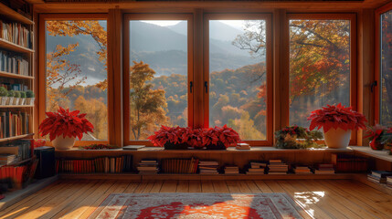 Christmas bookshelf background of home library study virtual room window view of mountains hills. Fall winter. Festive poinsettia holiday flowers. Online webinar presentation teams meeting backdrop