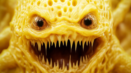 Grotesque creature made of slimy melted cheese stretching into sinewy forms oozing rancid grease sharp cheese grins with eyes bubbling like molten cheddar monstrous culinary terror 