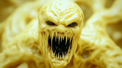 Grotesque creature made of slimy melted cheese stretching into sinewy forms oozing rancid grease sharp cheese grins with eyes bubbling like molten cheddar monstrous culinary terror 