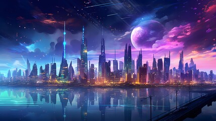 Wall Mural - Futuristic city at night. Futuristic city panorama.