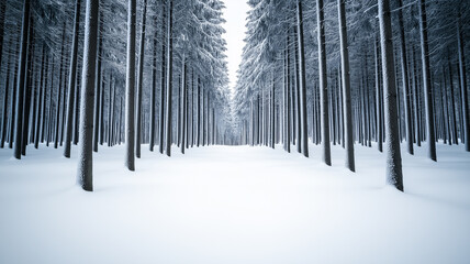 Canvas Print - Peaceful winter forest with tall snow-covered pines soft light filtering through frost-laden branches untouched snow blanketing the ground serene and tranquil nature atmosphere 