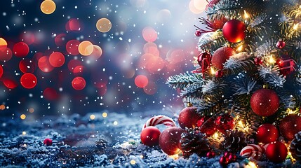 A playful Christmas tree decorated with red and white baubles, candy canes, glowing softly against a backdrop of blurred red and white lights. The setting is vibrant and festive,