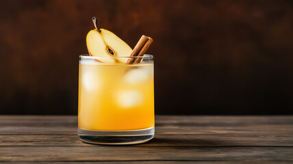 Canvas Print - Rustic pear and ginger cocktail with vodka and spiced syrup, garnished with a pear slice and cinnamon, set on a background transitioning from warm amber to deep brown 