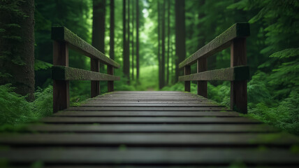 Wall Mural - Rustic wooden bridge nestled in a secluded forest, surrounded by towering pine trees, soft light creating a magical atmosphere, leaves gently rustling in the breeze 