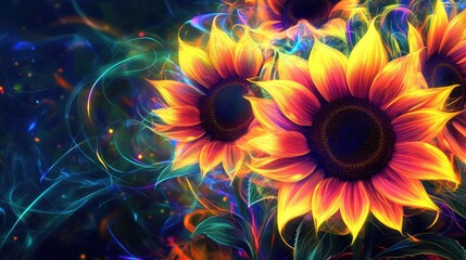 Wall Mural - Abstract sunflowers with vibrant neon lines and bright colors, set against a mesmerizing vector background, creating a colorful art style