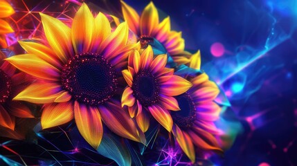 Wall Mural - Abstract sunflowers with vibrant neon lines and bright colors, set against a geometric vector background, creating a mesmerizing art style