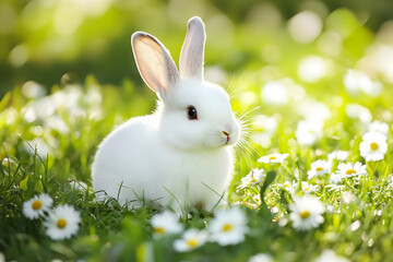 A cute white rabbit sits gracefully amidst blooming flowers in a sunny green meadow, symbolizing peace and natural beauty.