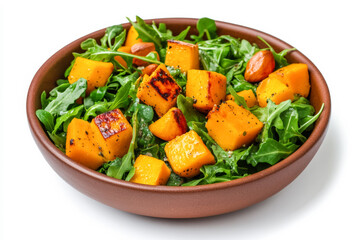 Poster - Seasonal roasted pumpkin salad in rustic dish, isolated on a white background 