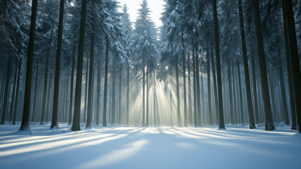 Sticker - Serene snowy forest clearing surrounded by towering evergreens rays of sunlight breaking through peaceful atmosphere fresh snow glistening capturing nature's quiet beauty 