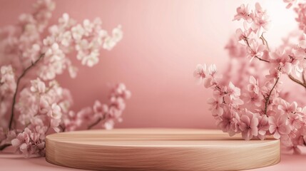 Poster - Wooden product display stand with pink flowers.